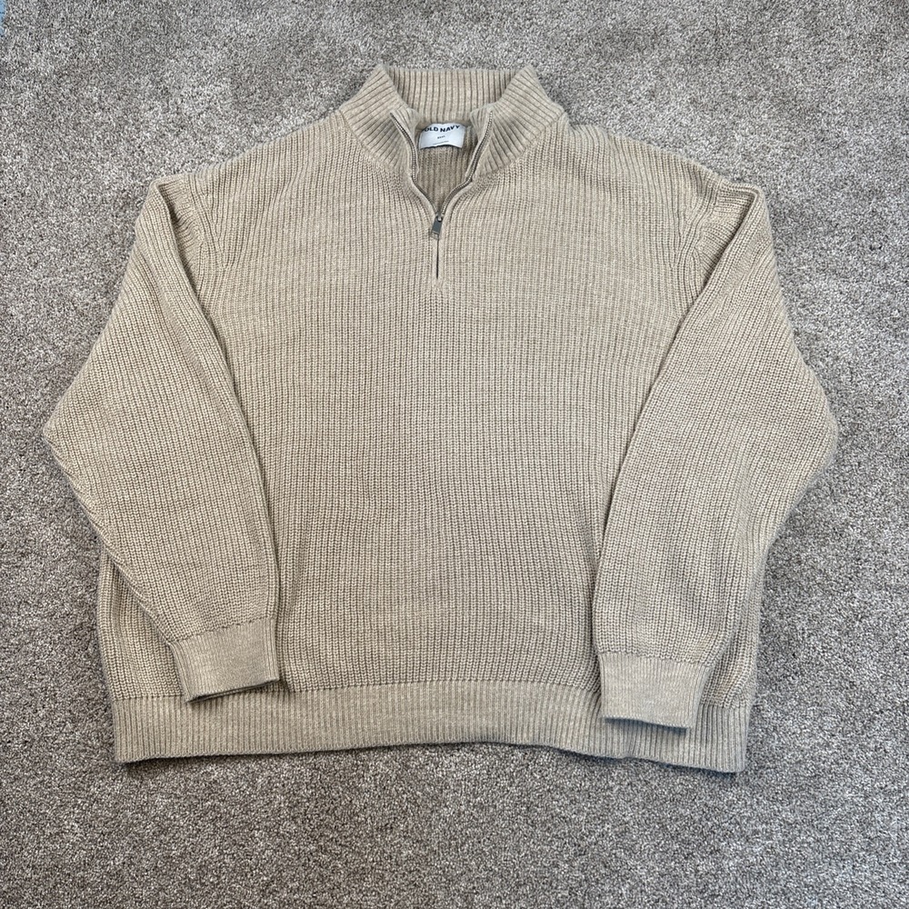 Old Navy Quarter Zip Knit Sweater Mens XXXL Beige Cotton Mock Neck Long Sleeve - Picture 2 of 8